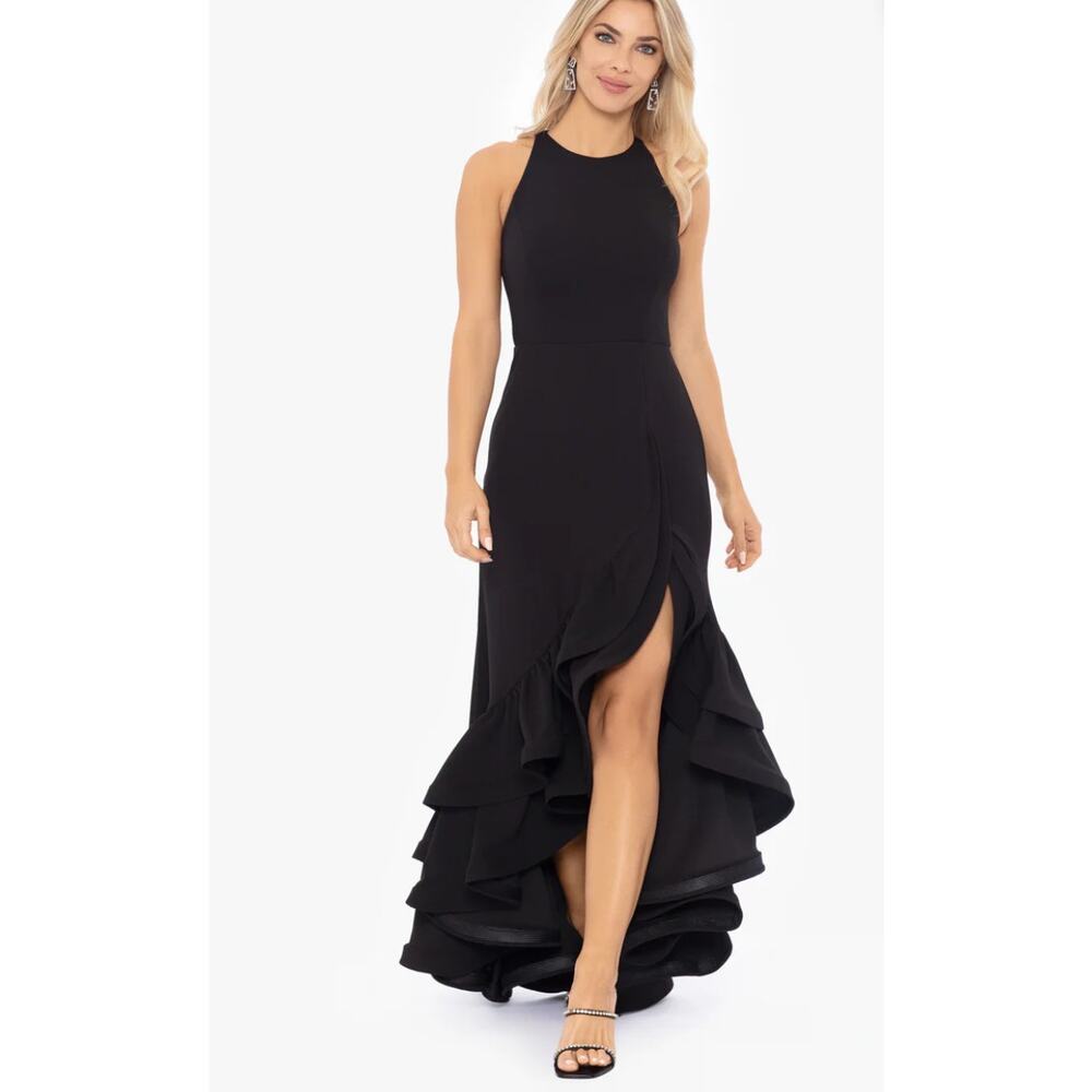 Betsy & Adam Arielle Scuba Gown Petite Black Dress Halter Crepe Ruffle